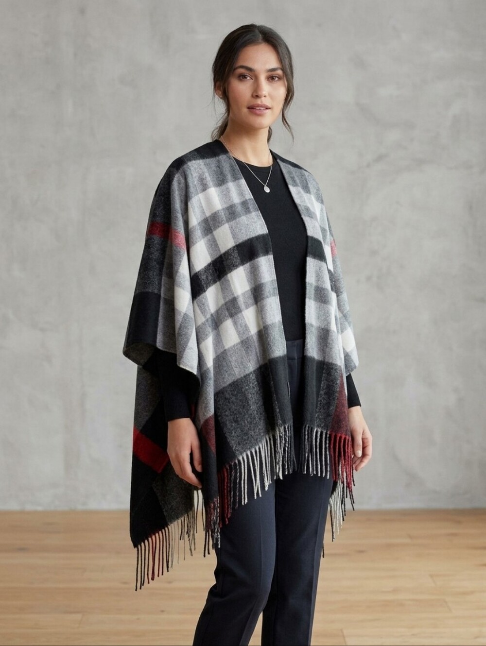 FRAAS Plaid Ruana Ponch Boho Cape With Twisted Fringes NWT